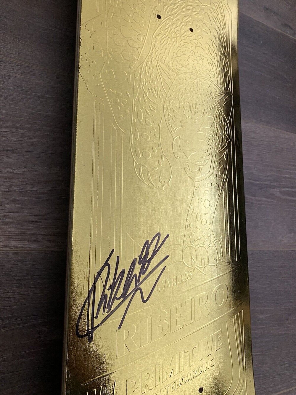 Signed Carlos Ribeiro Primitive Gold Spirit Animal Autographed Skateboard Deck 8.0