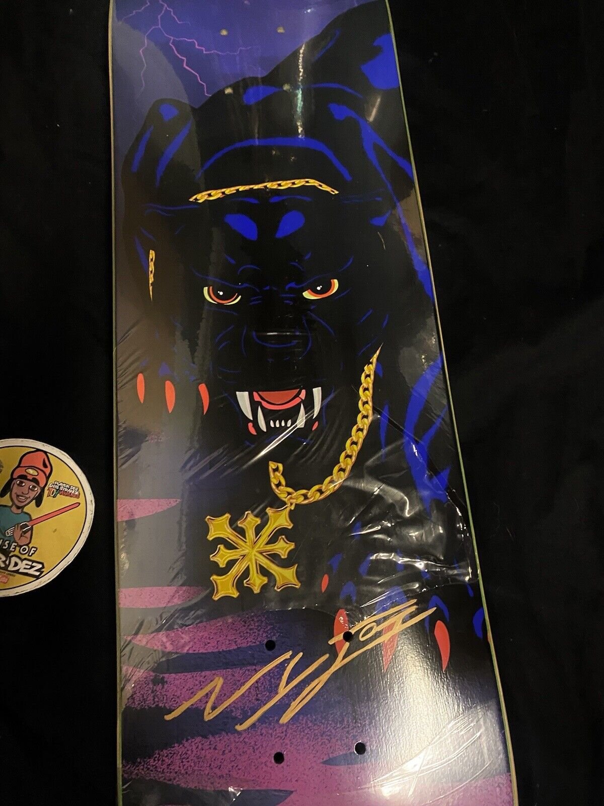 Signed Nyjah Huston Disorder Autographed Skateboard Deck Panther 8.125 Gold