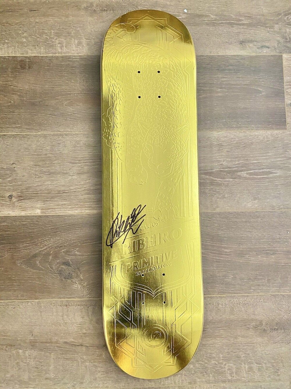 Signed Carlos Ribeiro Primitive Gold Spirit Animal Autographed Skateboard Deck 8.0
