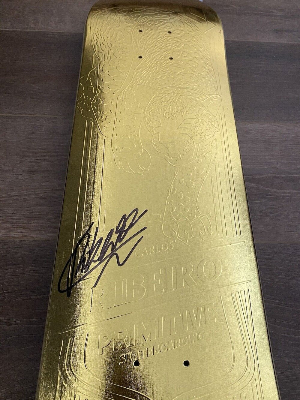 Signed Carlos Ribeiro Primitive Gold Spirit Animal Autographed Skateboard Deck 8.0