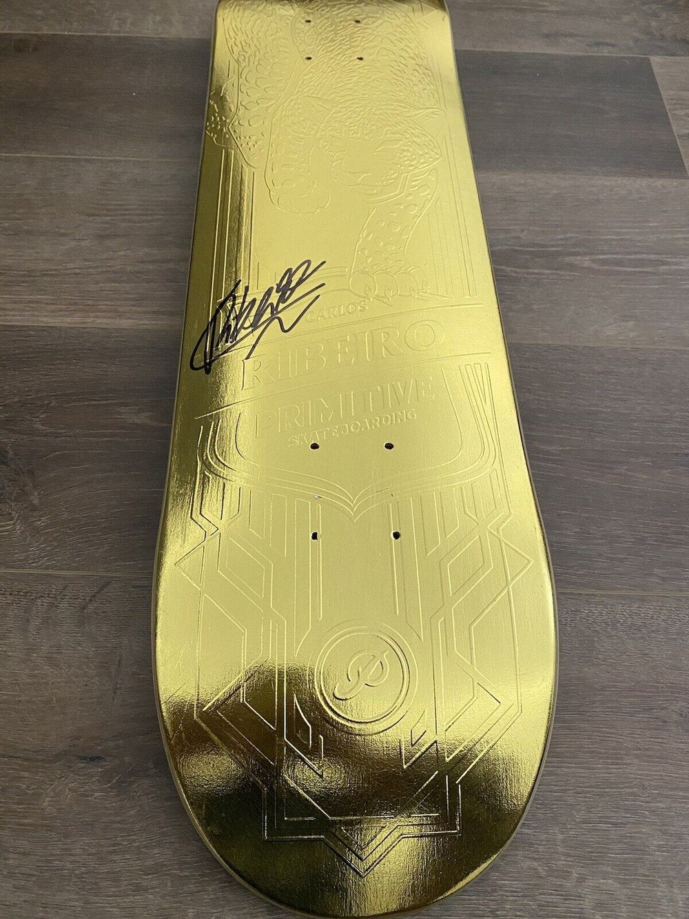 Signed Carlos Ribeiro Primitive Gold Spirit Animal Autographed Skateboard Deck 8.0