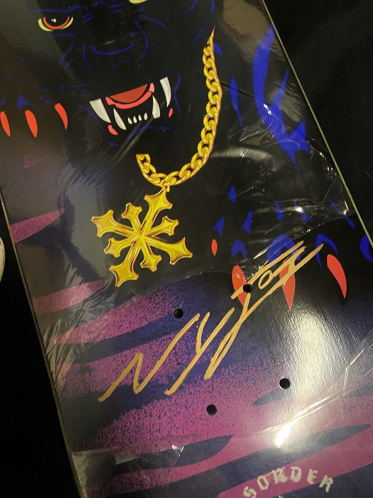 Signed Nyjah Huston Disorder Autographed Skateboard Deck Panther 8.125 Gold