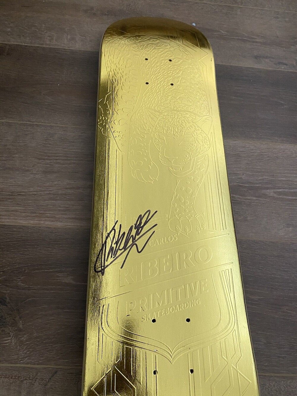 Signed Carlos Ribeiro Primitive Gold Spirit Animal Autographed Skateboard Deck 8.0