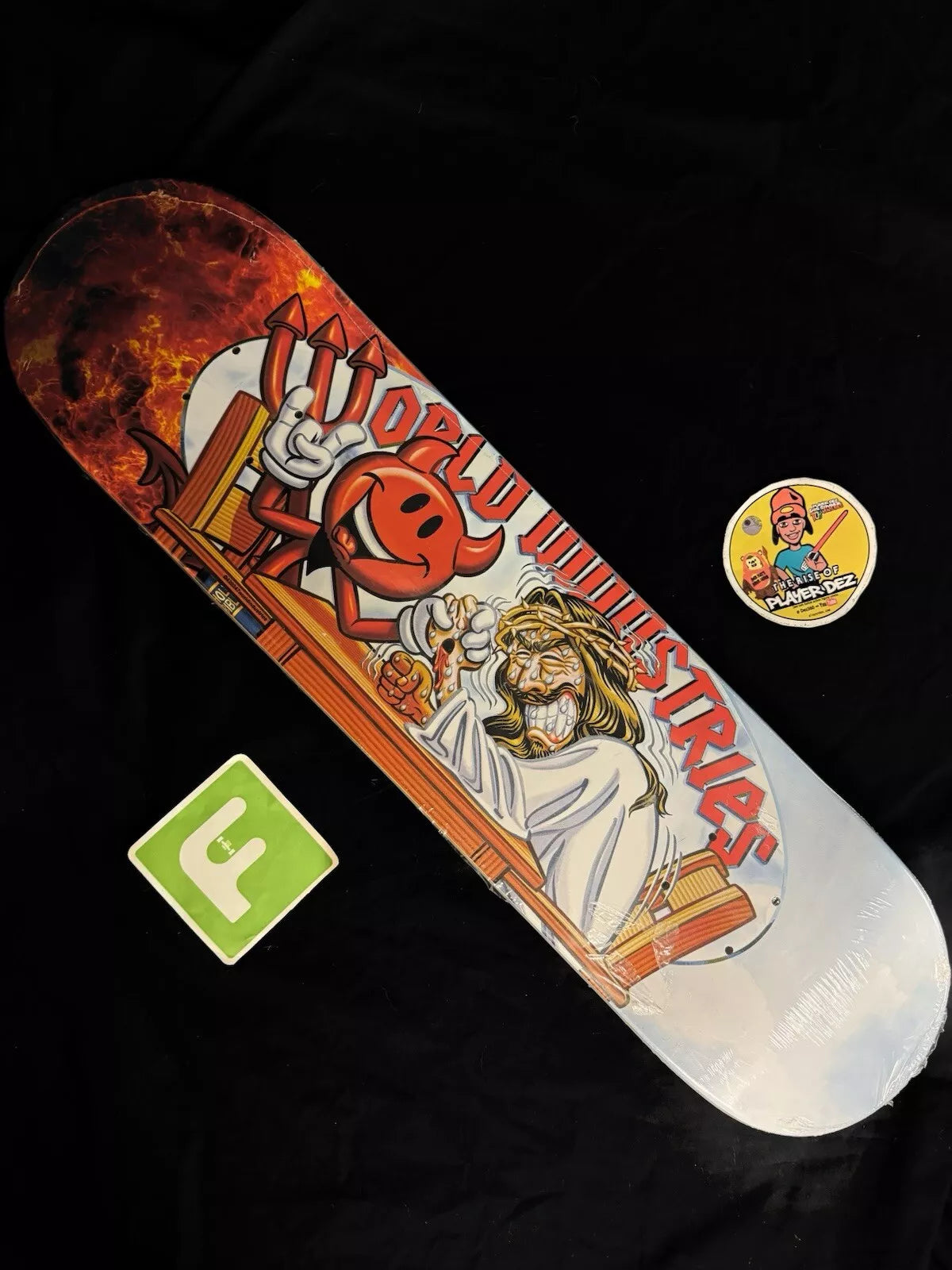 World Industries Devil Man Jesus Yin Yang Skateboard Deck Flame Boy