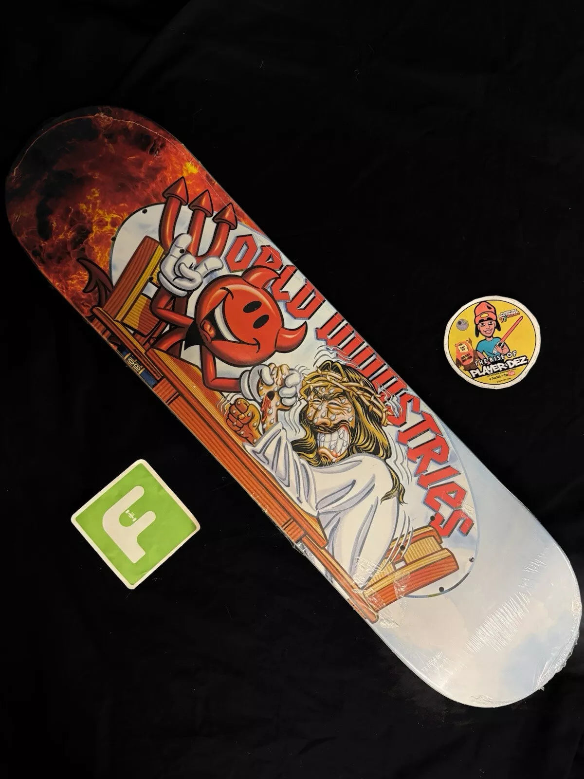 World Industries Devil Man Jesus Yin Yang Skateboard Deck Flame Boy