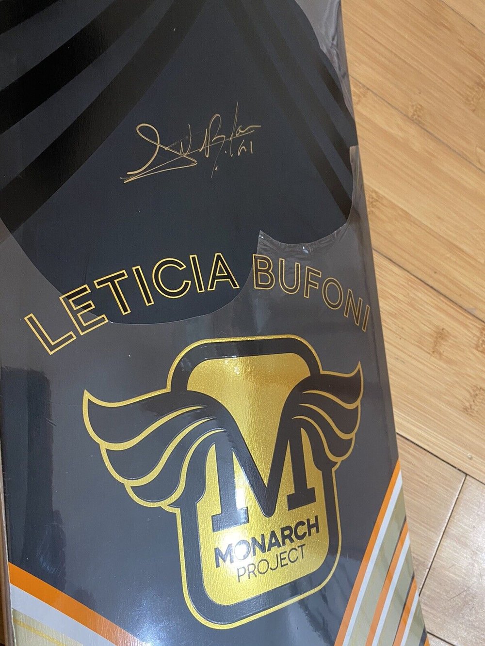 Signed Leticia Bufoni Monarch Project Autographed Skateboard Deck 8.375 Orange Gold