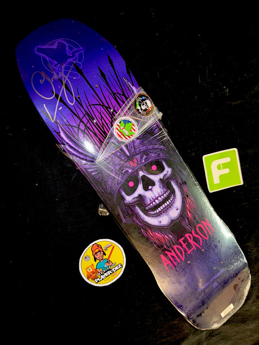 Autographed Andy Anderson Heron Purple Signed Skateboard Deck