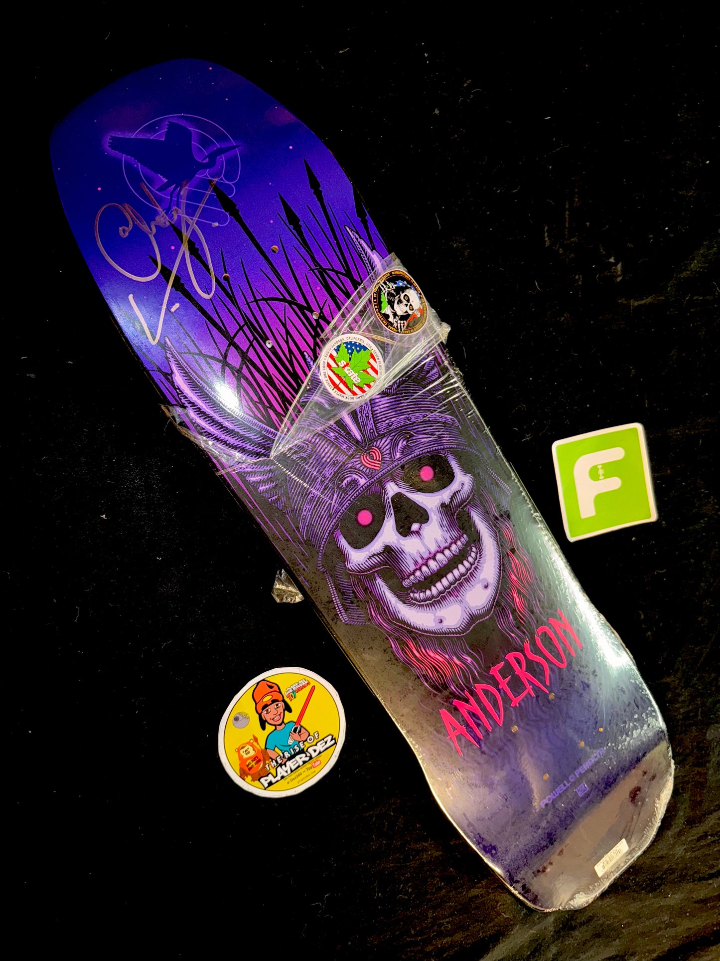 Autographed Andy Anderson Heron Purple Signed Skateboard Deck