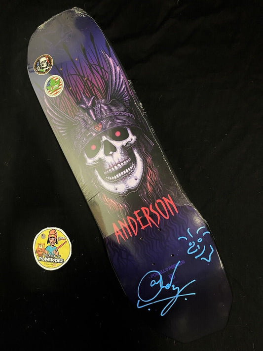 Signed Andy Anderson Heron 8.45 Powell Peralta Autographed Skateboard Deck Purple Blue Ink