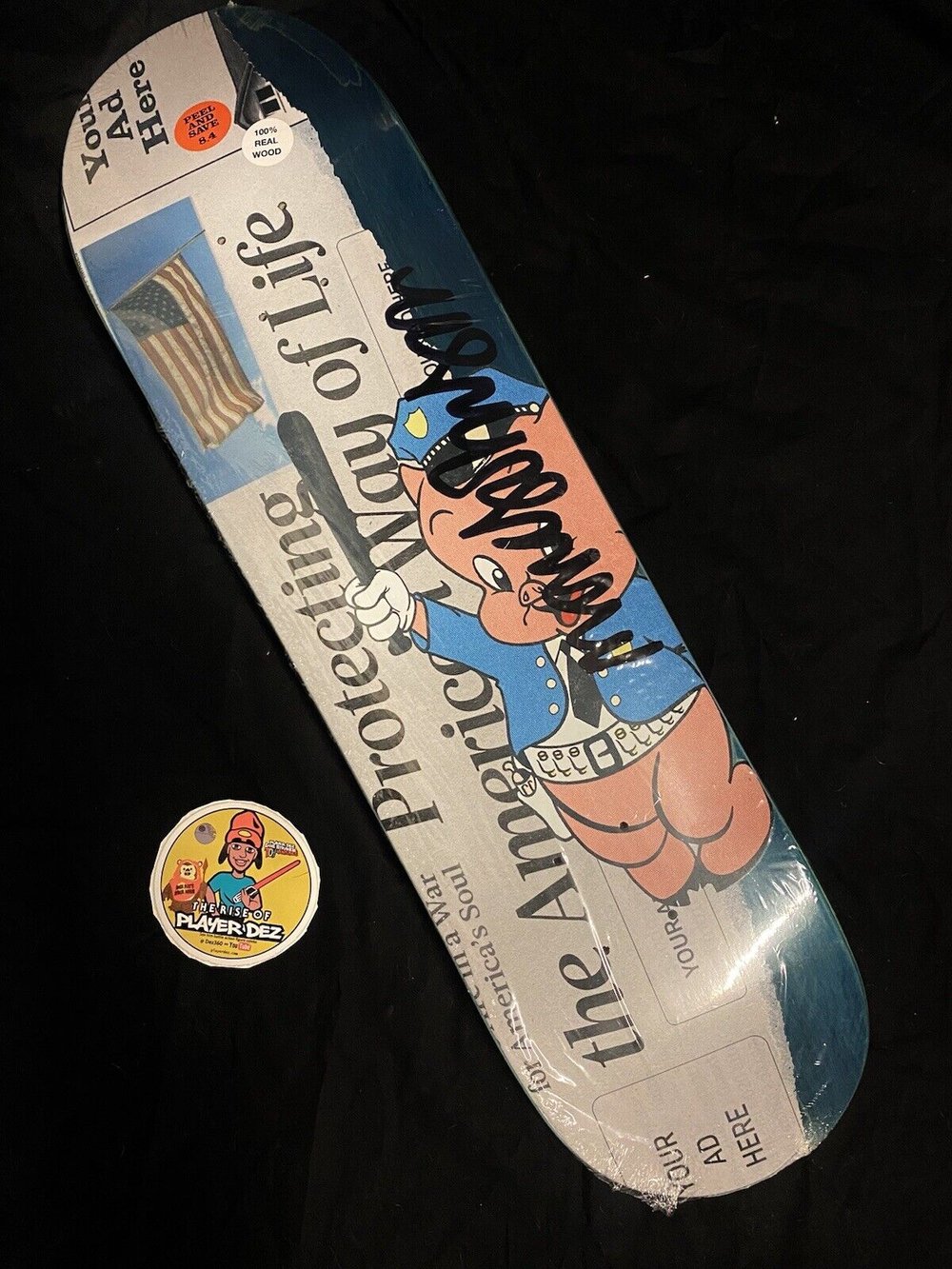 Signed Marc Johnson Autographed Skateboard Deck Porky Pig Cops Protect America Business