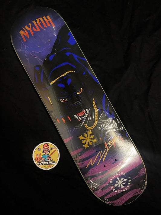 Signed Nyjah Huston Disorder Autographed Skateboard Deck Panther 8.125 Gold