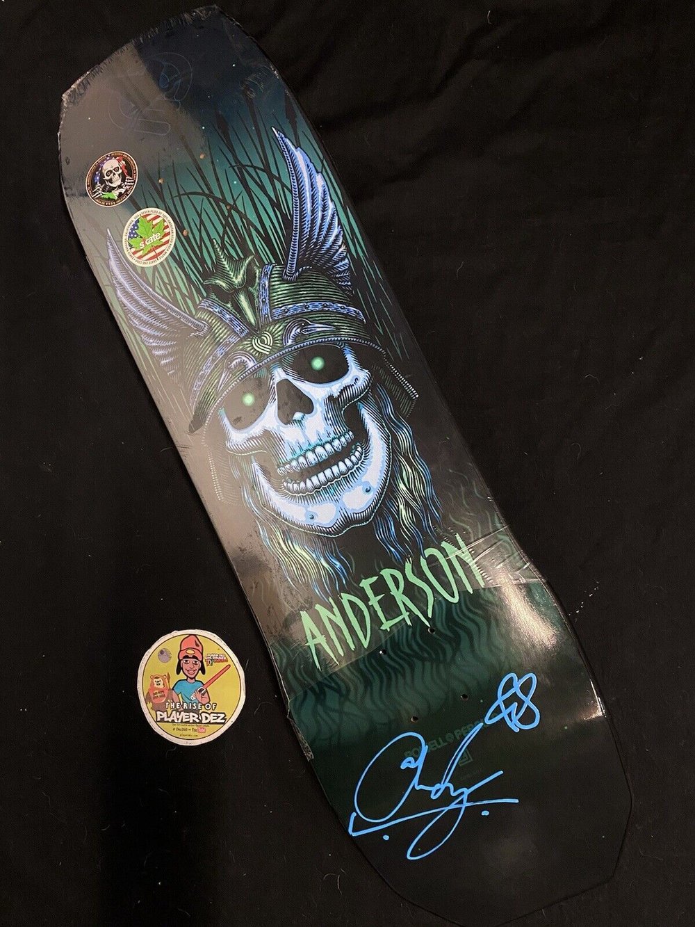 Signed Andy Anderson 9.13 Autographed Skateboard Deck Green Blue Ink Heron Powell Peralta