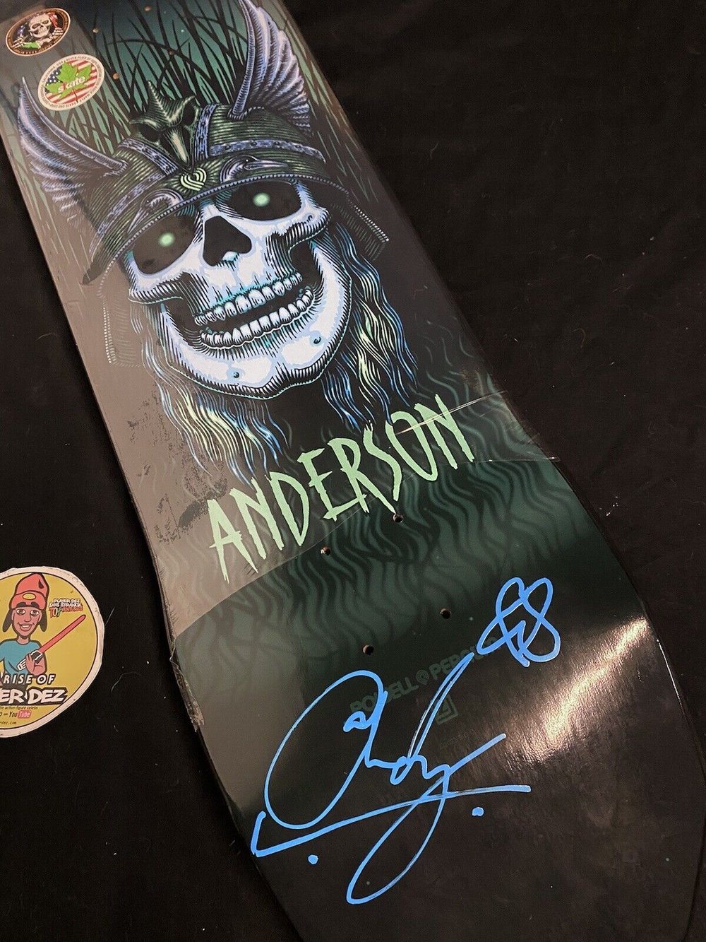 Signed Andy Anderson 9.13 Autographed Skateboard Deck Green Blue Ink Heron Powell Peralta