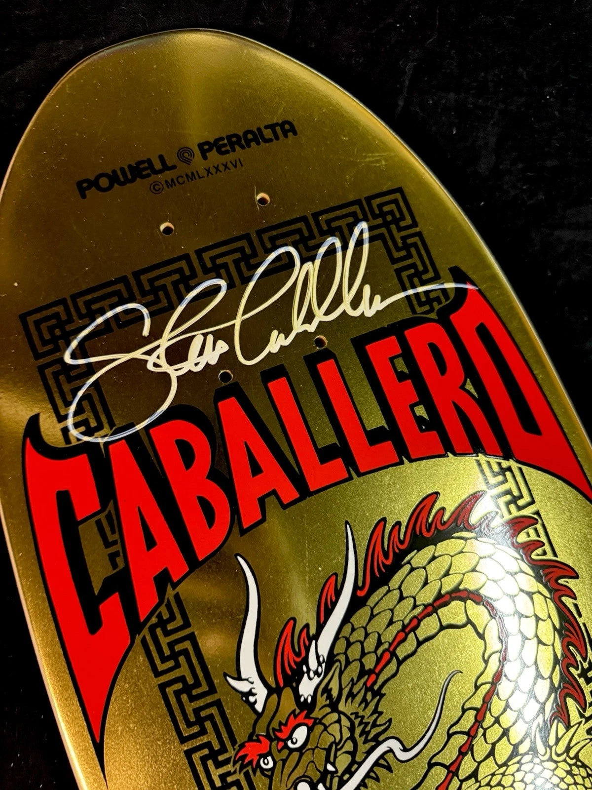 Signed Steve Caballero Gold Foil Dragon Powell Peralta Autographed Skateboard Deck