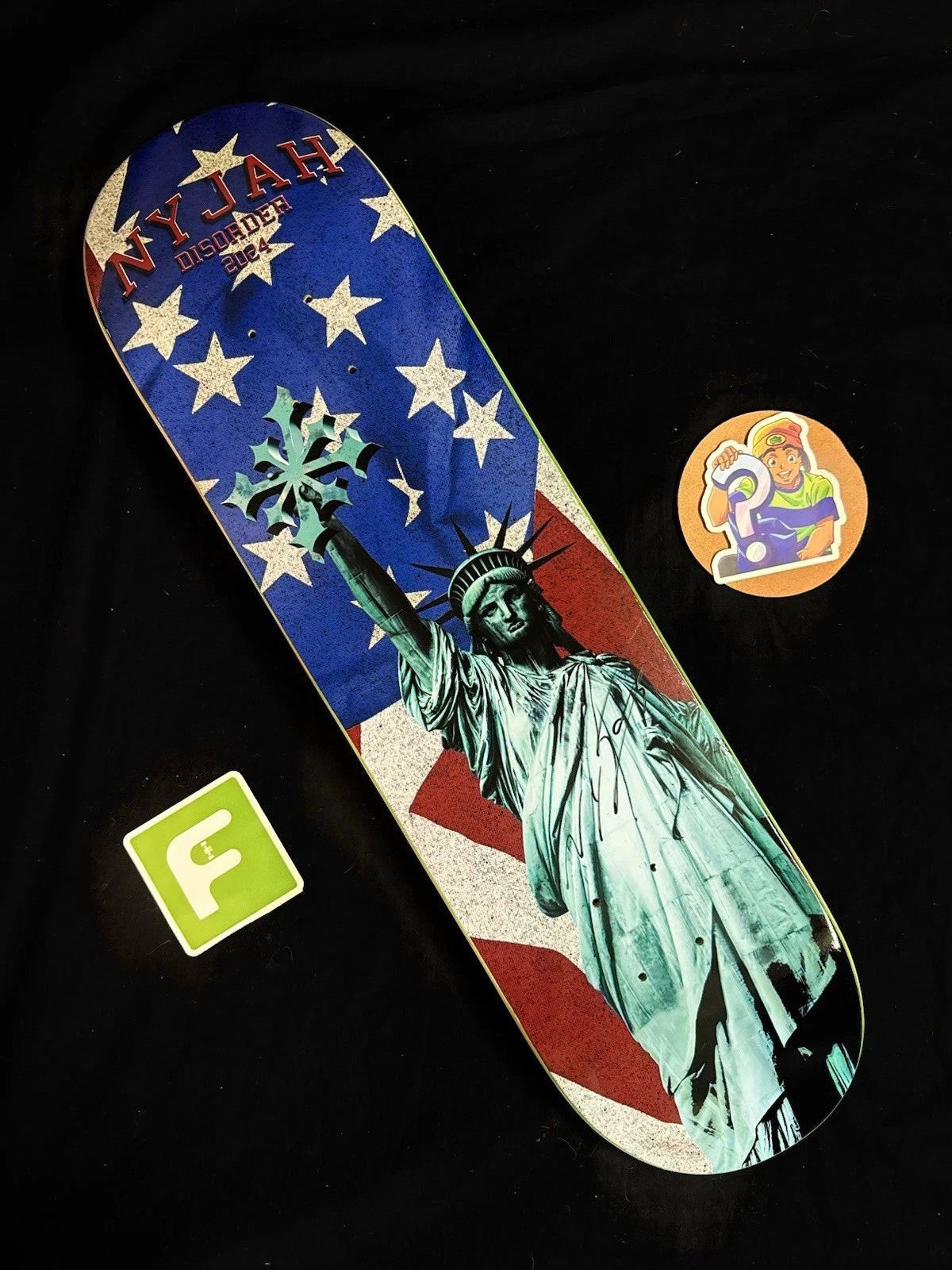 Signed Nyjah Huston Liberty Statue USA Autographed Disorder Skateboard Deck