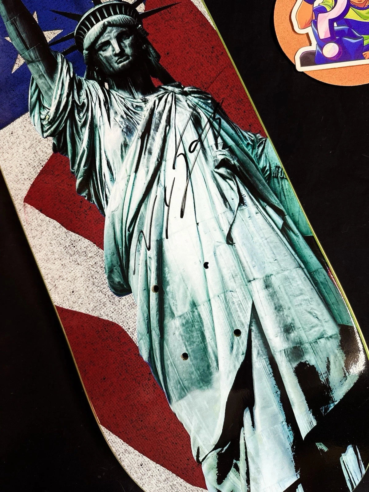 Signed Nyjah Huston Liberty Statue USA Autographed Disorder Skateboard Deck