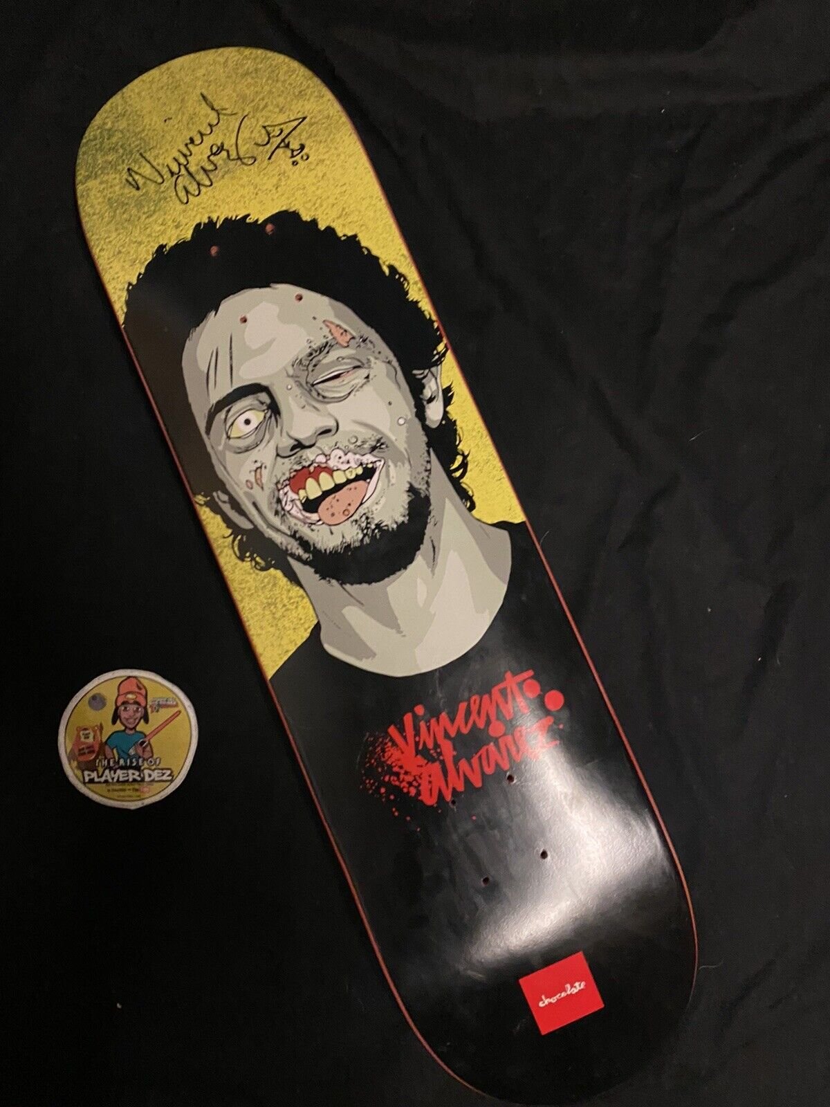 Signed Vincent Alvarez Zombie Portrait Autographed Skateboard Deck Chocolate 8.25