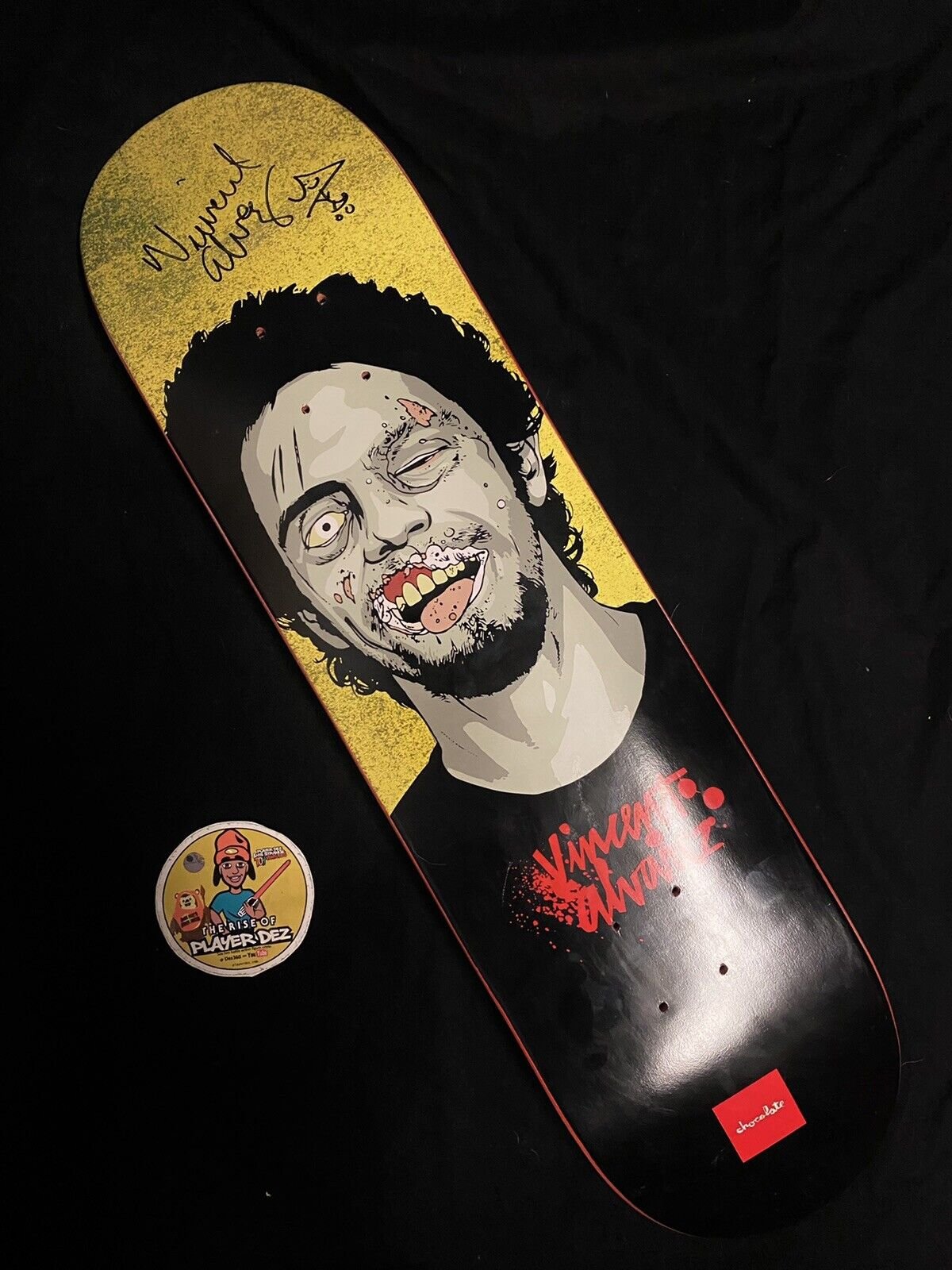 Signed Vincent Alvarez Zombie Portrait Autographed Skateboard Deck Chocolate 8.25