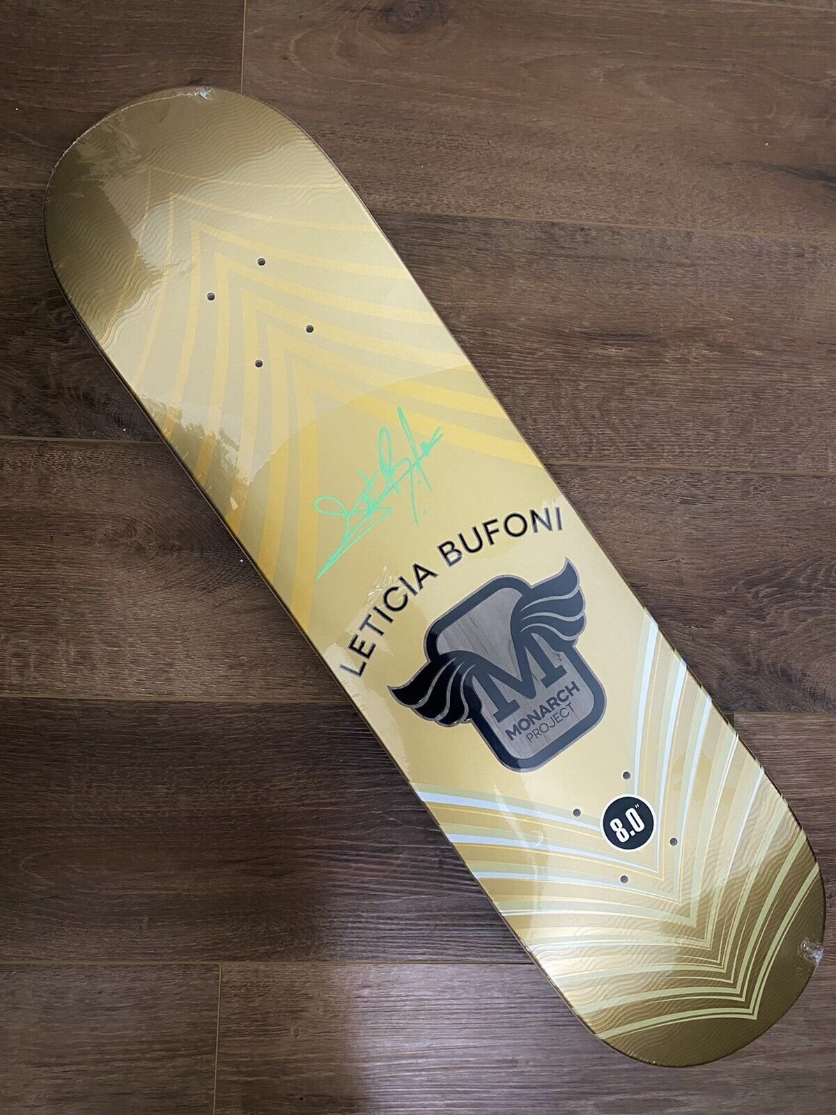 Signed Leticia Bufoni Monarch Project Autographed Skateboard Deck Green Ink Gold