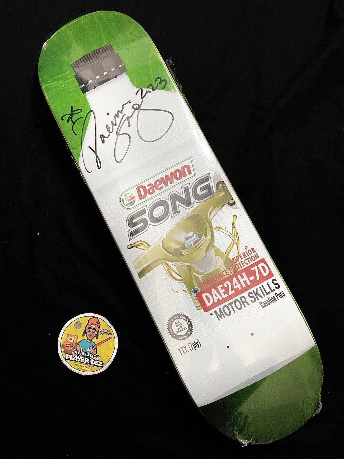 Signed Daewon Song Racing Oil Check Thank You Autographed Skateboard Deck 8.25