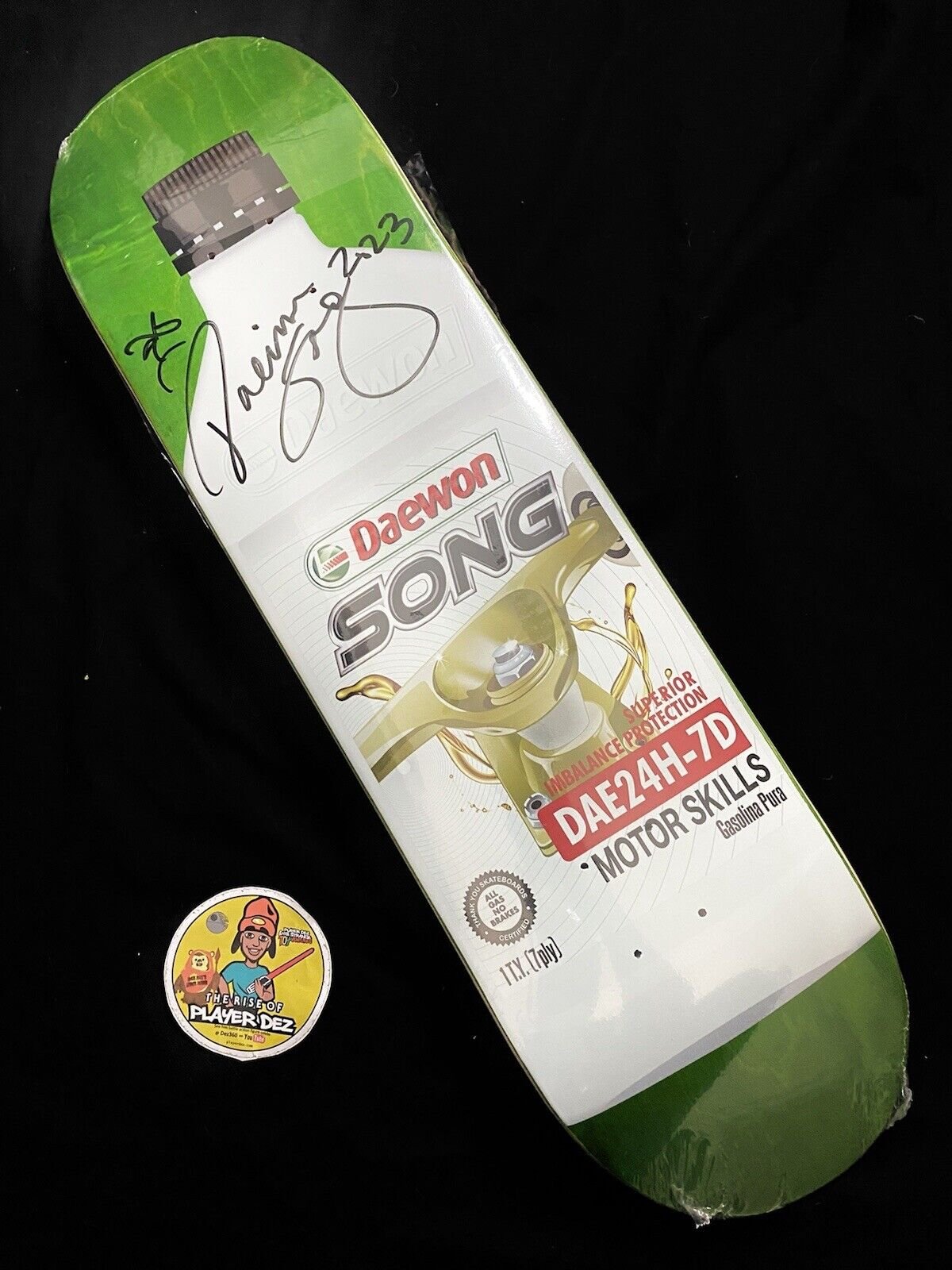 Signed Daewon Song Racing Oil Check Thank You Autographed Skateboard Deck 8.25