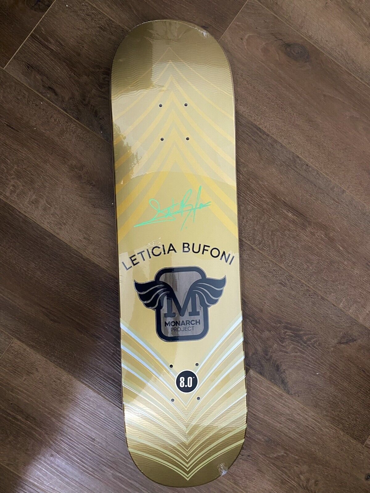 Signed Leticia Bufoni Monarch Project Autographed Skateboard Deck Green Ink Gold