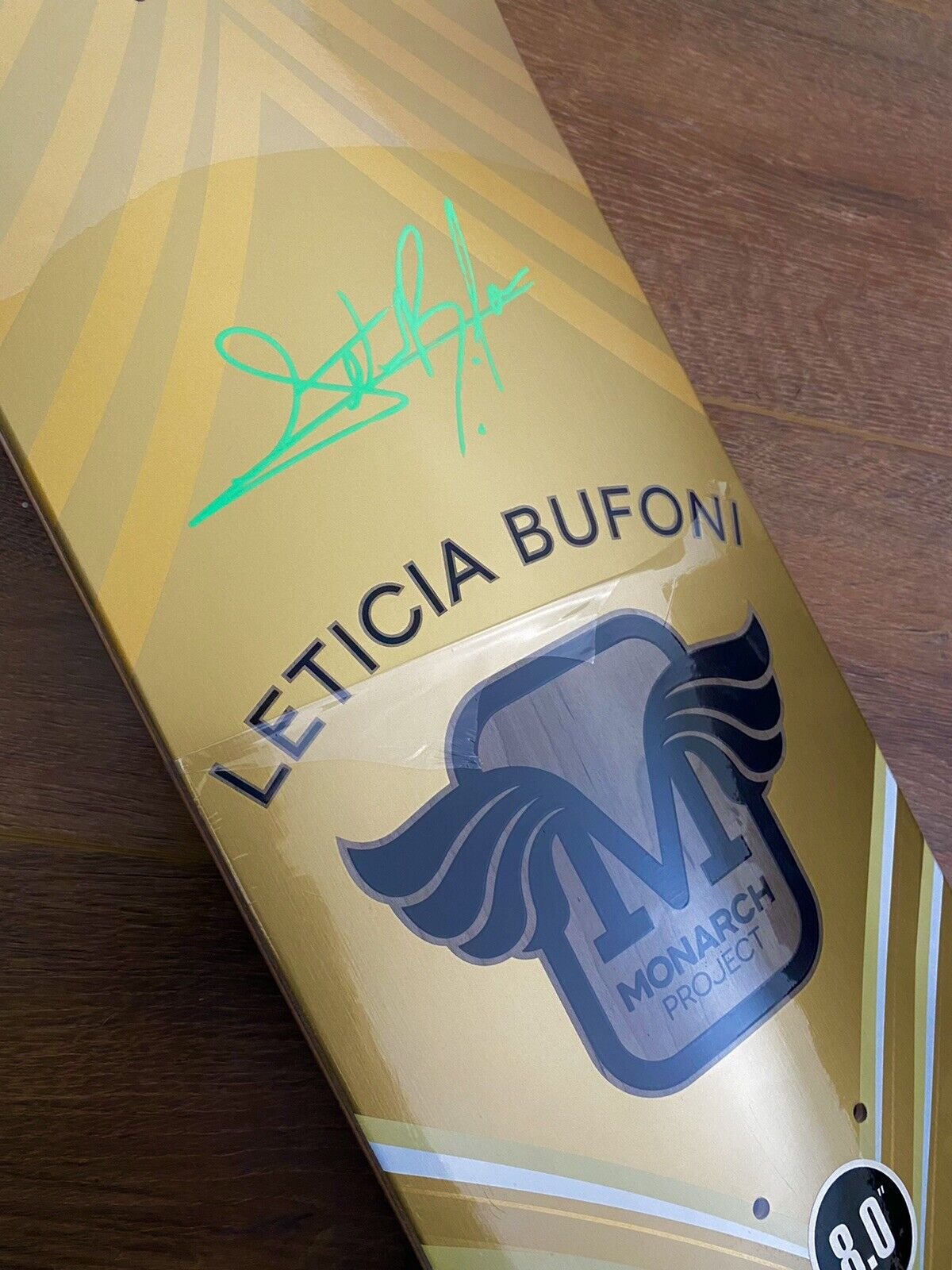 Signed Leticia Bufoni Monarch Project Autographed Skateboard Deck Green Ink Gold