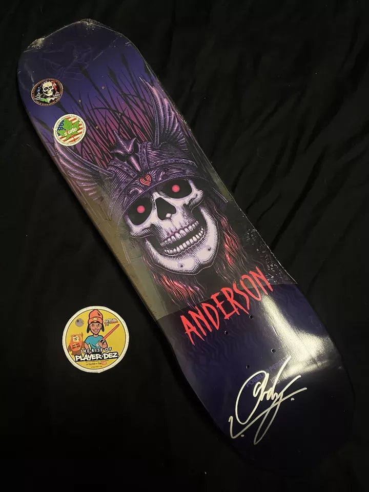 Andy Anderson Signed Purple Heron Powell Peralta Autographed Skateboard Deck Silver