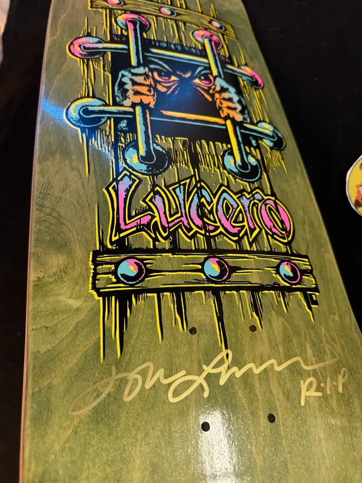 Signed John Lucero Autographed Skateboard Deck Black Label OG Bars Cross Olive