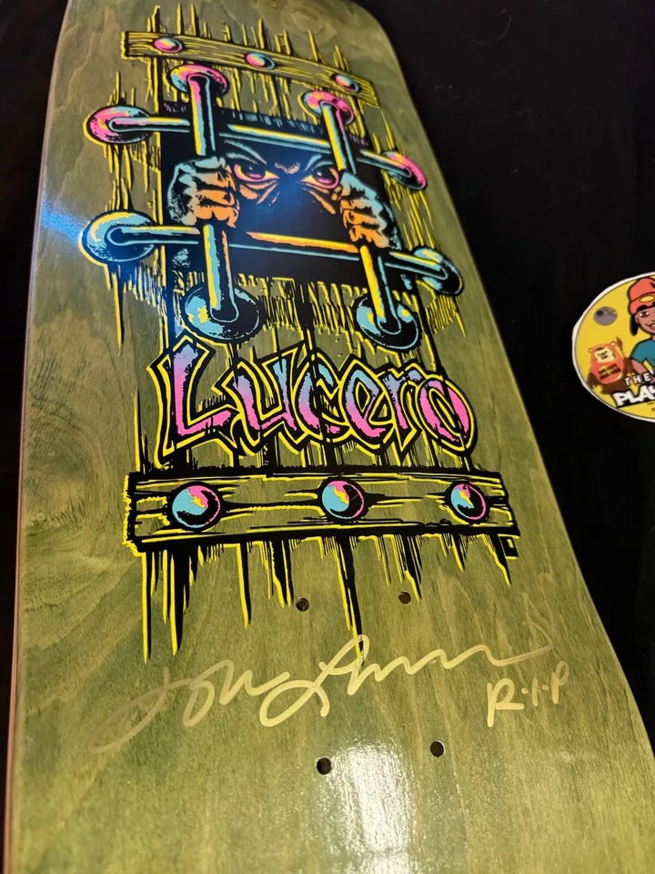 Signed John Lucero Autographed Skateboard Deck Black Label OG Bars Cross Olive