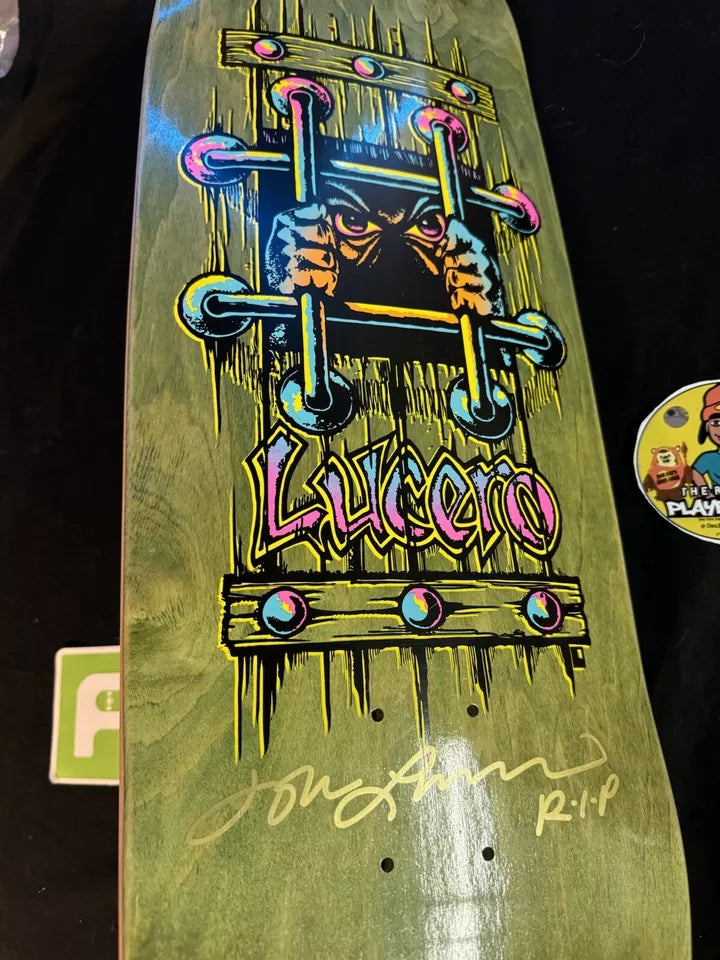 Signed John Lucero Autographed Skateboard Deck Black Label OG Bars Cross Olive