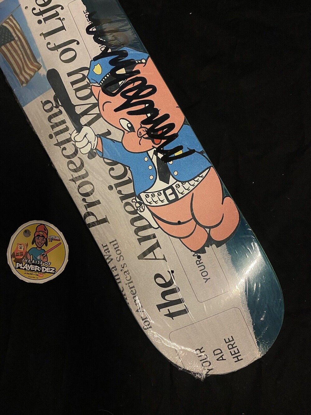 Signed Marc Johnson Autographed Skateboard Deck Porky Pig Cops Protect America Business