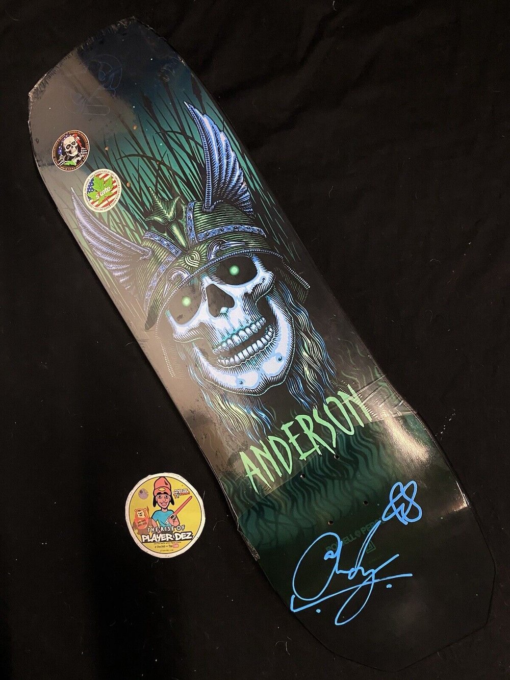 Signed Andy Anderson 9.13 Autographed Skateboard Deck Green Blue Ink Heron Powell Peralta