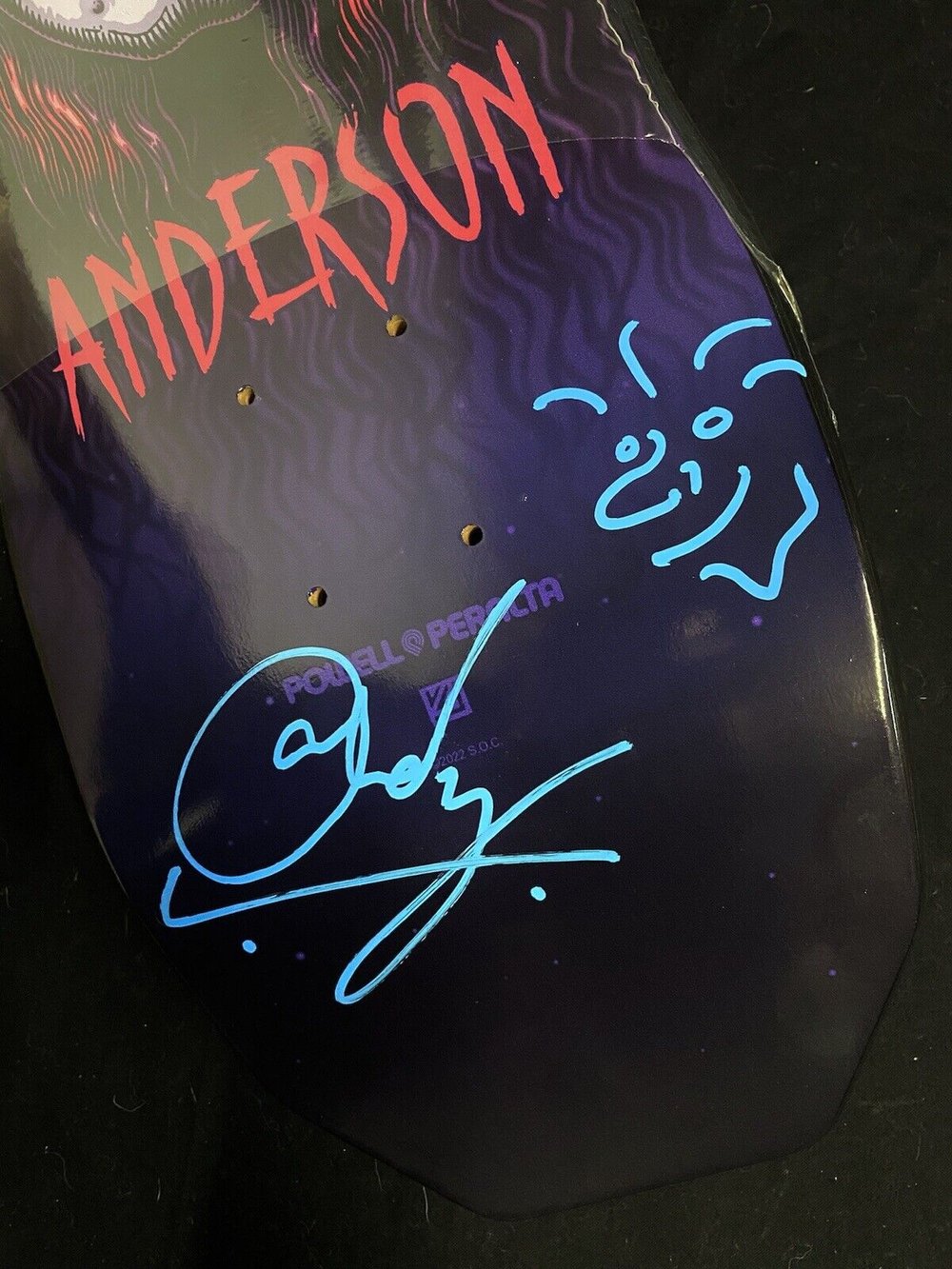 Signed Andy Anderson Heron 8.45 Powell Peralta Autographed Skateboard Deck Purple Blue Ink